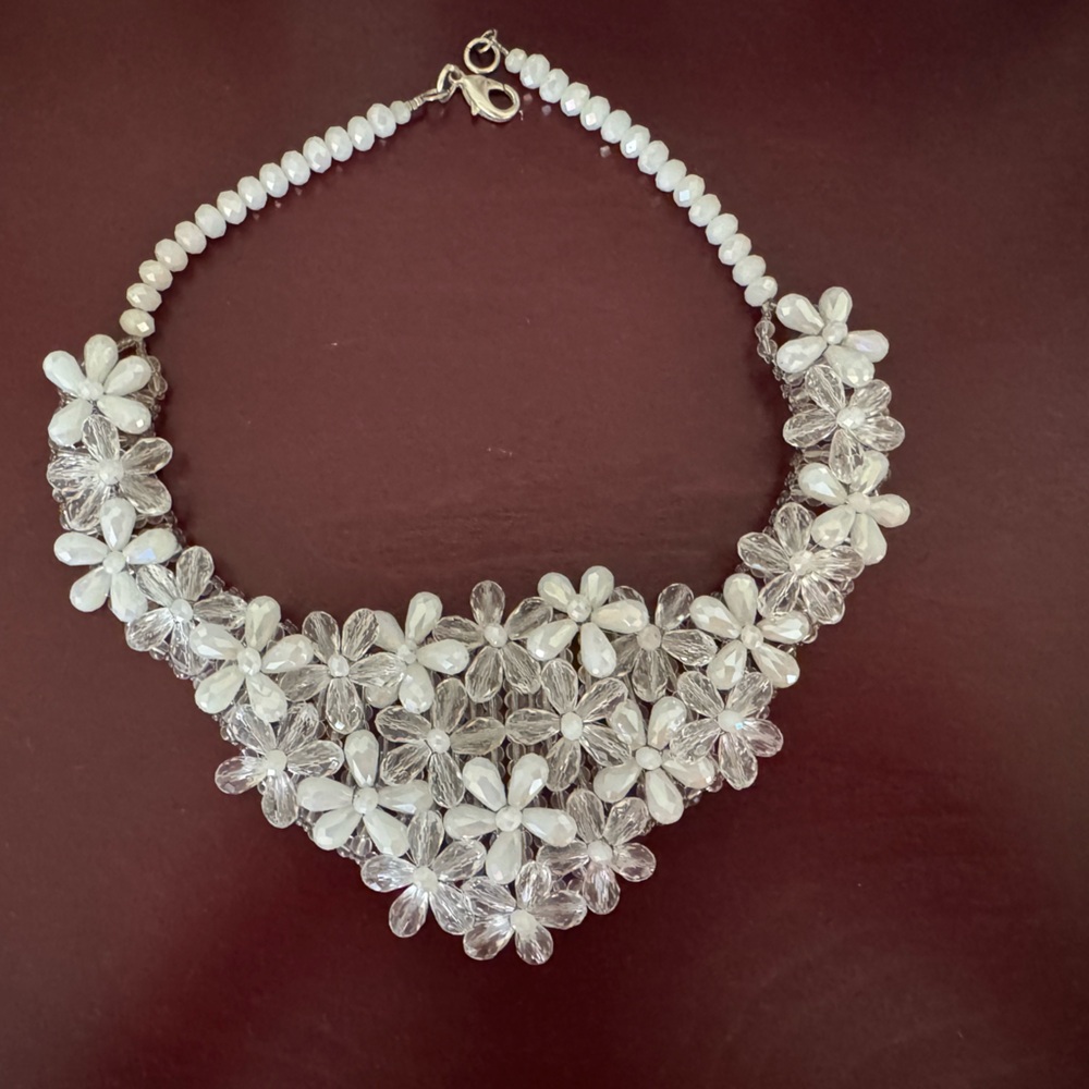 White Floral Crystal Statement Necklace